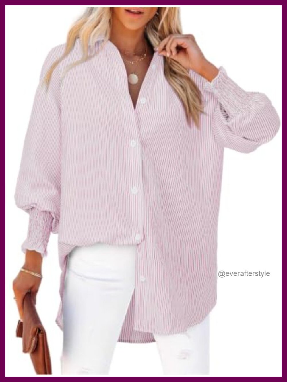 Women's Striped Button Down Shirt Smocked Cuffed Oversized Blouse